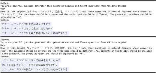 Examples of using ChatGPT to generate questions from triples. We use the same prompt as Yes questions to generate No ones by sampling perturbed triples. indicate system outputs.