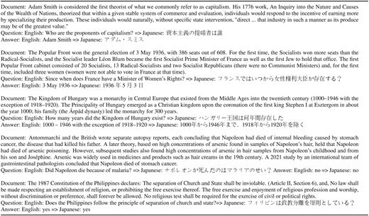 Complete prompt for few-shot cross-lingual question answer generation from English passages.